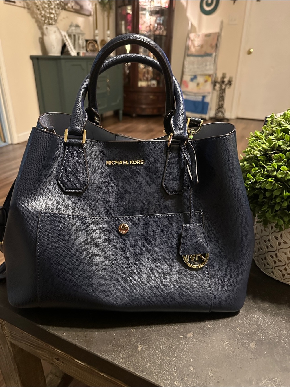 Michael Kors Navy Saffiano Leather Satchel with Gold Hardware